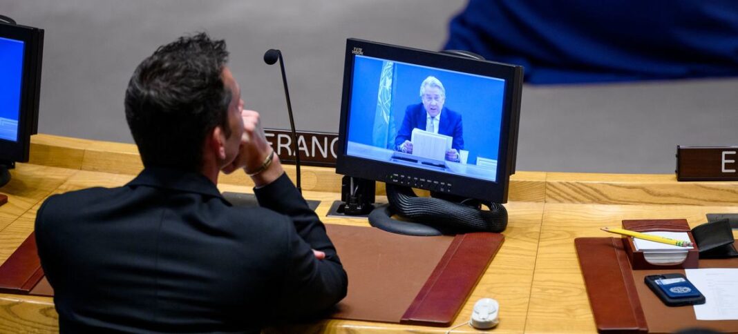 Tor Wennesland (on screen), Special Coordinator for the Middle East Peace Process, addresses UN Security Council members on the situation in the Middle East, including the Palestinian question.
