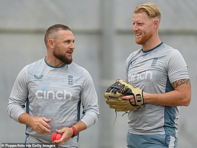 England captain Ben Stokes (right) and head coach Brendon McCullum pictured in training ahead of the first Test with New Zealand in Mount Maunganui