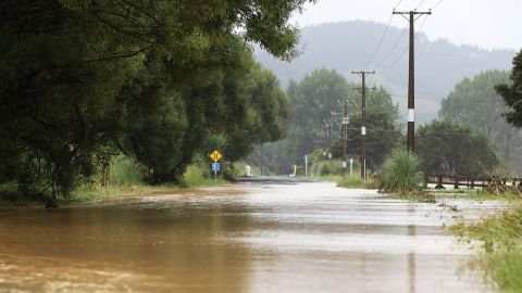 Flooding blocks roads in Auckland on January 30, 2023.