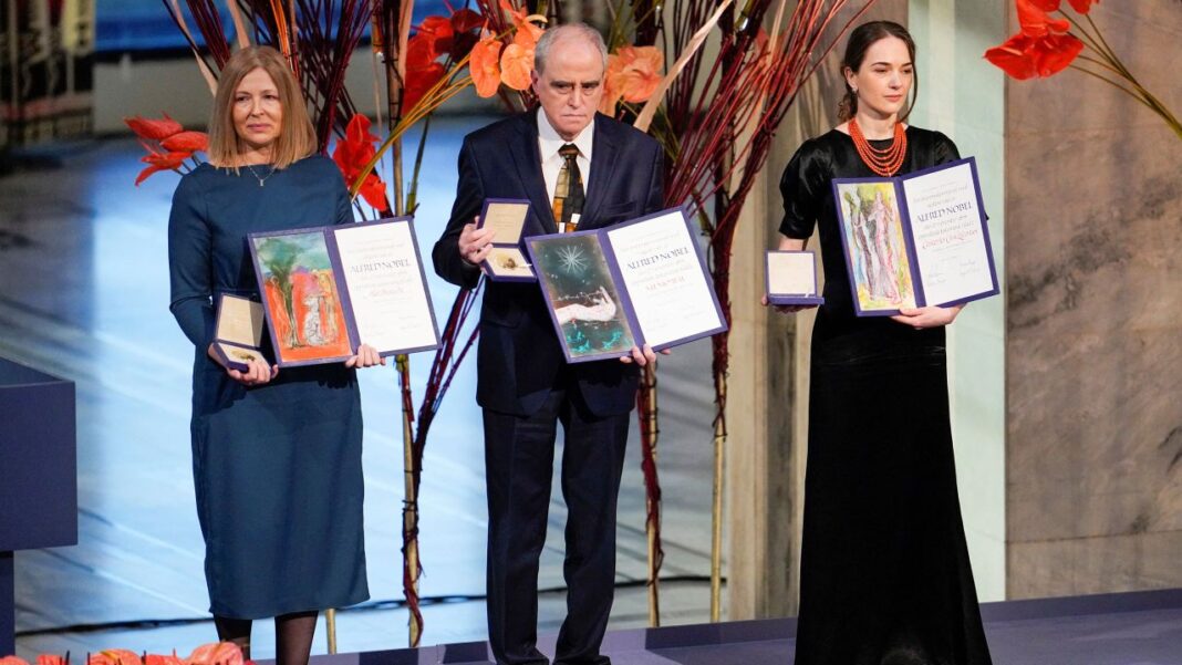 Representatives receive the Nobel Peace Prize for 2022 in Oslo City Hall, Norway, on December 10, 2022. 