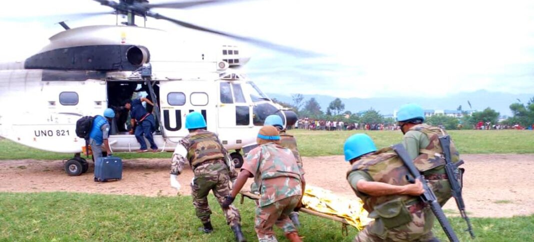 Injured UN peacekeepers in DRC from Morocco being transported for treatment after they were attacked in Kiwanja, Rutshuru North Kivu by the armed group M23.