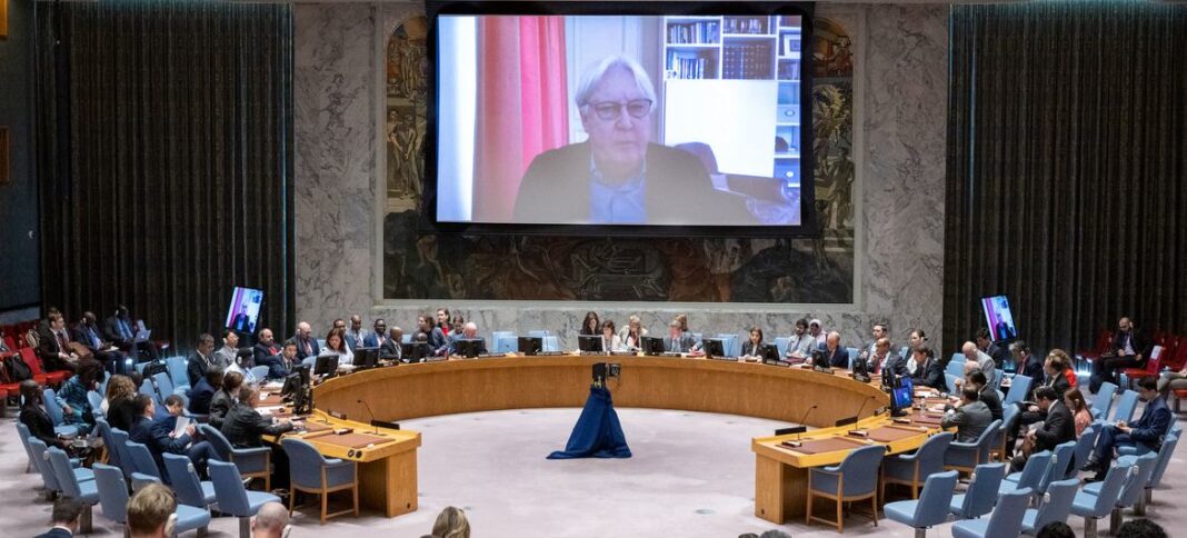 Martin Griffiths (on screen), Under-Secretary-General for Humanitarian Affairs and Emergency Relief Coordinator, briefs the Security Council meeting on maintenance of peace and security of Ukraine.