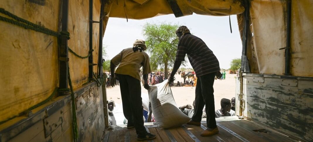 In Chad, food is distributed to displaced people from Sudan in an operation  organised by WFP.