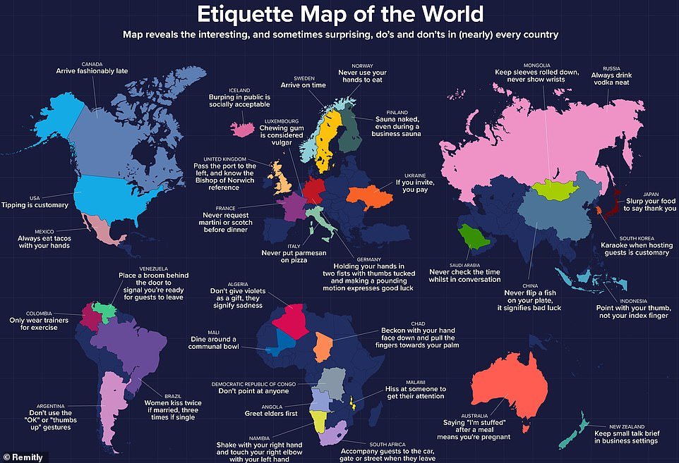 Before you go on holiday, make sure you're acquainted with the etiquette in the destination you're travelling to. To aid in this, a fascinating reworked world map has been crafted to reveal quirky and curious etiquette practices around the world