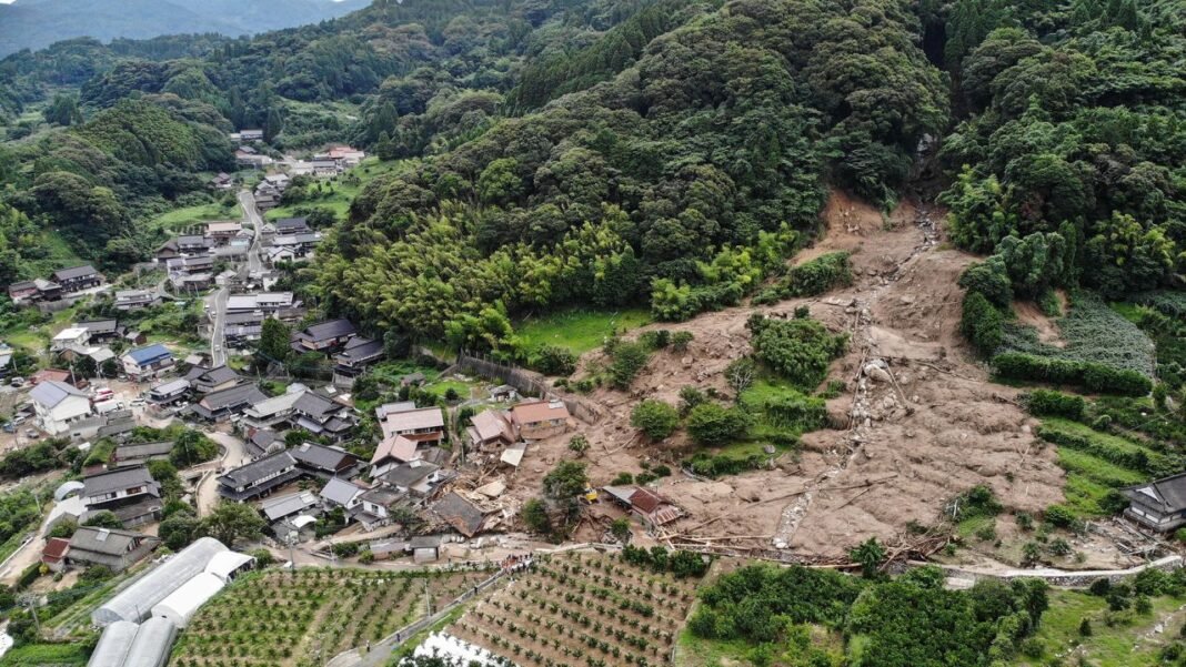 A landslide site is seen in the city of Karatsu, Saga prefecture, on July 11, 2023, a day after heavy rains hit wide areas of Kyushu island.