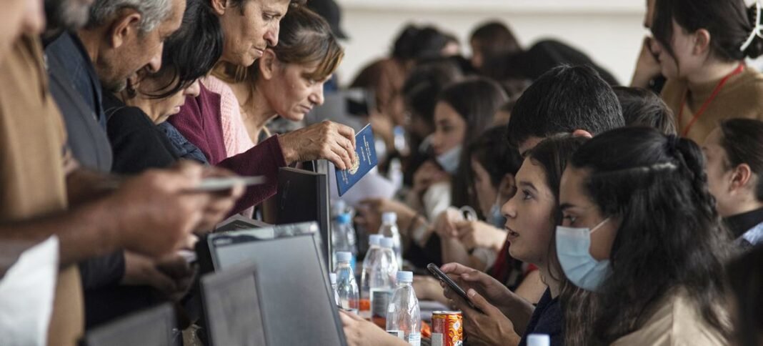 Refugees at a registration centre in Goris, Armenia, on 29 September.