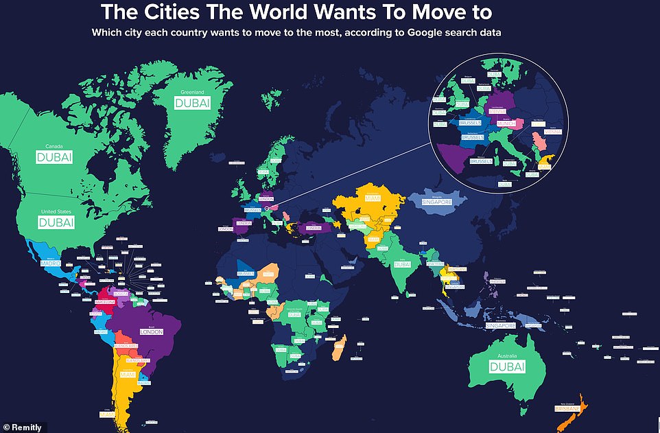 A fascinating reworked world map by Remitly reveals the cities that people most want to move to around the world - and it's Dubai that's number one