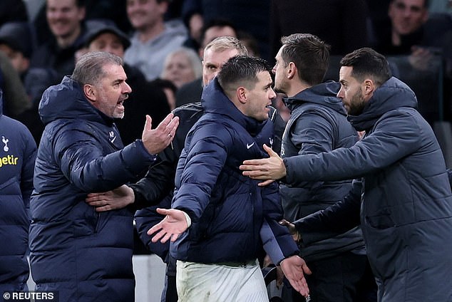 Tottenham manager Ange Postecoglou was involved in a heated exchange on the touchline during his side's 3-1 win against Bournemouth on Sunday
