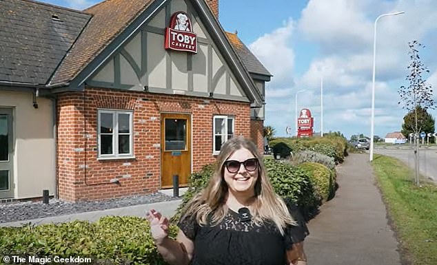 American couple Jeremy Davis and Cara Atwell (pictured) film trying a Toby Carvery for the first time and say it's much 'fancier' than they expected